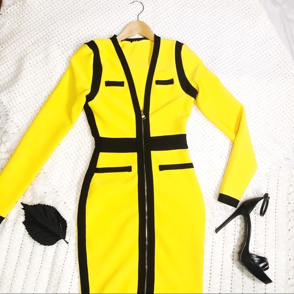 Yellow black bandage dress women’s XS long sleeve - Picture 1 of 8